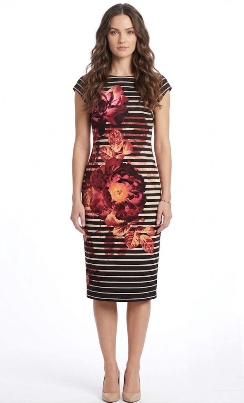 ECI New York Striped & Floral Midi Sheath Dress, Multicolor, Womens Size 6 US
